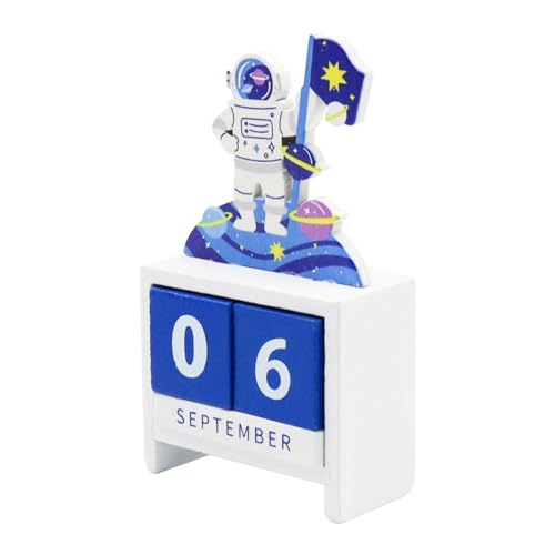NUZAMAS Calendário de mesa, blocos de mesa de madeira, espaço, calendário de mesa perpétuo, astronau