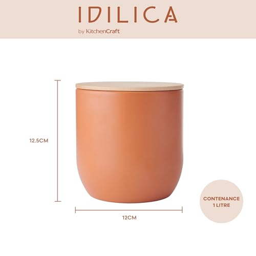 KitchenCraft Idilica Kitchen Canister with Airtight Lid, Round Storage Canister with Wooden Lid and Matt Finish for Tea, Coffee or Sugar, 12 x 12cm, Terracotta – vue 2