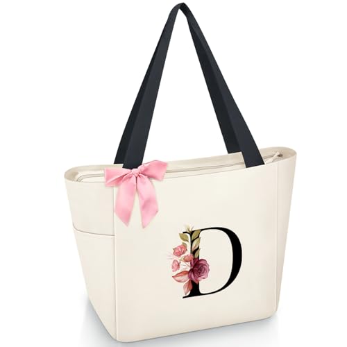 Vavabox Handtasche Damen A-Z Reißverschluss Schultertasche, Geschenke für Damen,Bräute und Brautjungfern, Arbeit,Reisen,Einkaufen,Schule (D, Beige)