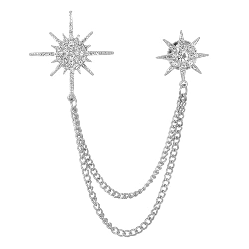 Image of Silver Rhinestone Star Brooch for Women, Crystal Snowflake Brooch Lapel Pins Fashion Broach Pin Dress Suit Accessories with Tassel Chain Clothing Clip Broach for Women Men