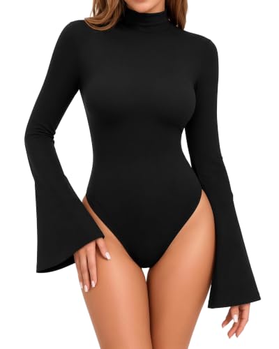 Image of ALGALAROUND Womens Bodysuits Bell Sleeve Mock Neck Top Winter Black M