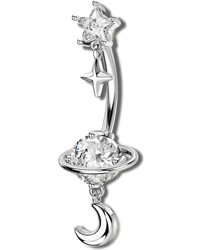 OUFER 14G Star Moon Planet Silver Dangle Belly Button Rings 316L Surgical Stainless Steel CZ Belly Piercing Jewelry 10mm Navel Rings for Women