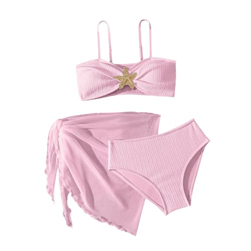 Conjunto de bikini texturizado de 3 piezas para niñas, traje de baño con cuello en V y tirantes ajustables en la parte delantera, traje de baño con pareo, ropa de verano para adolescentes, ropa de