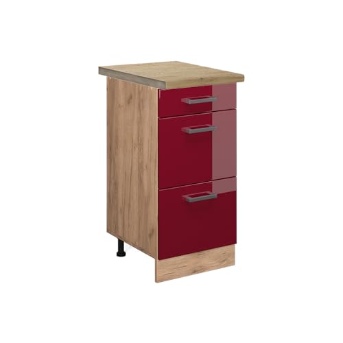 Vicco Meuble Cuisine R-Line, Rouge Brillant, 40cm avec tiroirs, PT Chêne, pour Une Combinaison Libre au Sein de systèmes de Cuisine modulaires