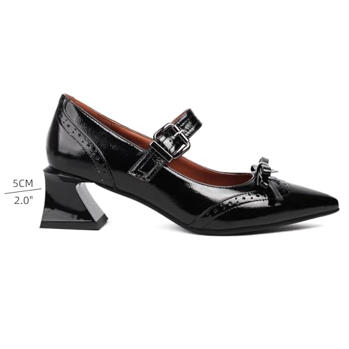 XIEDA Women's Mary Janes Low Chunky Block Heels with Bow Brogue Vintage Pumps Dress Shoes2