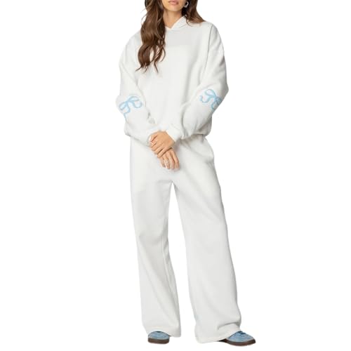 LYSINK Womens Sweatsuits Bow Print Long Sleeve Hooded Sweatshirt Tops Wide Leg Sweatpants Fall 2 Piece Lounge Outfits (Ba White, XL)
