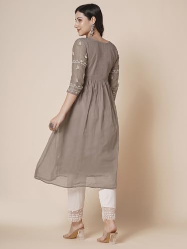 Image of RATAN Women's Muga Cotton Flared Lucknowi Chikankari Ethnic Wear Kurta