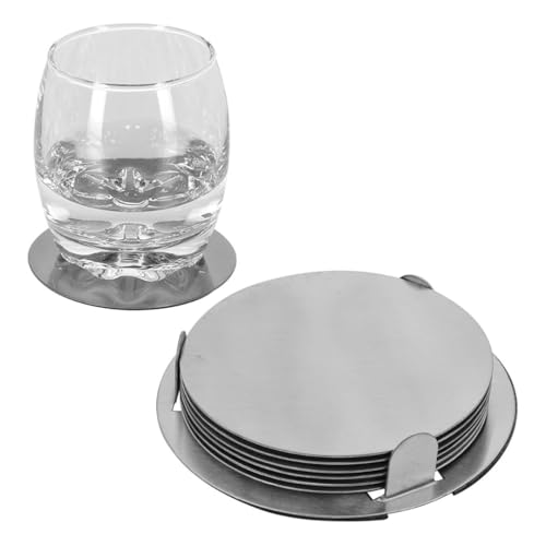 Image of Giftana Round Coaster Set for Home and Office, Non-Slip Drink Coasters for Dinning Table, Bar -Matt Finish- Steel Coasters with Stand for Tea Cups,Coffee Mugs,Glasses (Set of 6 Pieces) (Silver)