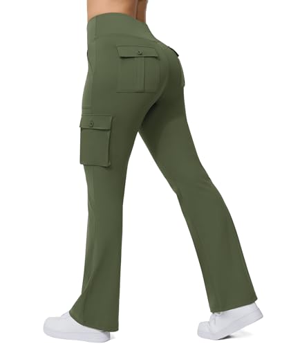 Yoga Flare Leggings for Women High Waisted Yoga Casual Pants Workout Leggings Cargo with 6 Pockets Bootcut Pants,Army Green S
