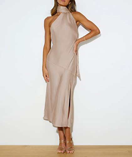 Image of Sexyshine Women's Elegant Halter Tie Neck Sleeveless Satin Long Dress Backless Split Cocktail Party Formal Wedding Maxi Dress