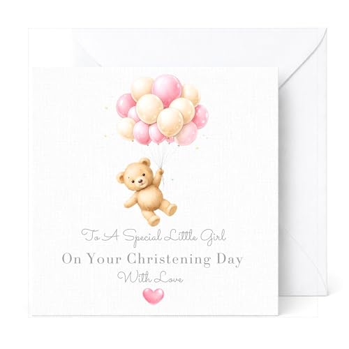 Christening Card for Girl Teddy Bear Pink Balloons