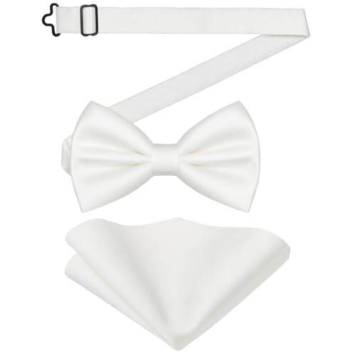 URAQT Conjuntos de Pajaritas Hombre, Pajarita Ajustable y Pañuelo de Bolsillo 2 en 1, Corbata de Moño y 23*23CM Cuadrada de Bolsillo, Ropa Accesorios Regalo Hombre para Bodas, Fiesta, Negocios Blanco