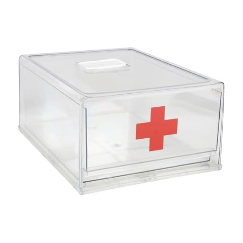 Yomjarl Medicine Cabinet Organizer Empty Medicine Storage Box for Cabinet Plastic Drawer First Aid Clear Stackable Medicine Bottle Organizer for First Aid, Medical Supplies and Medication Storage Cover