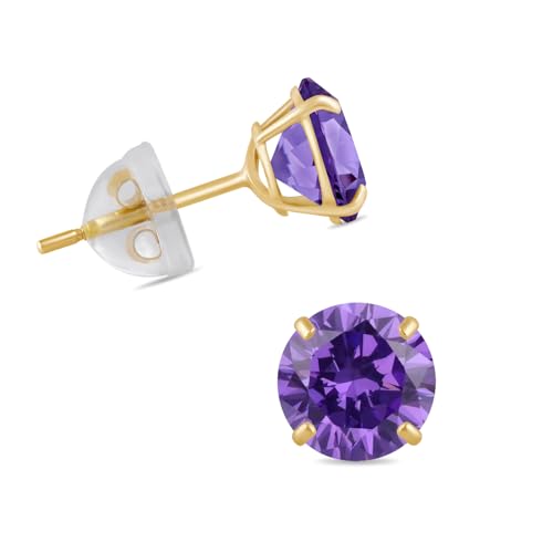 Jewelili 10K Gold Solitaire Stud Earrings for Women | Yellow / White Gold | 6 MM (1.5 CTW) Round Cut Cubic Zirconia Studs | Dainty & Timeless Fine Jewelry | Silicone Push Back Post | Birthday Gift for Her