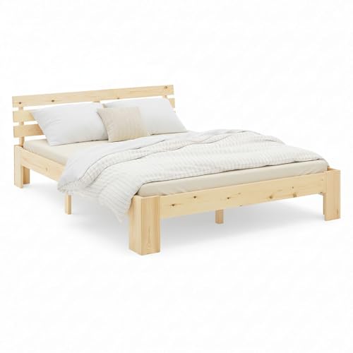 Homestyle4u 2192, Lit en Bois 120x200 cm Naturel Lit Double avec sommier à Lattes Pin Massif