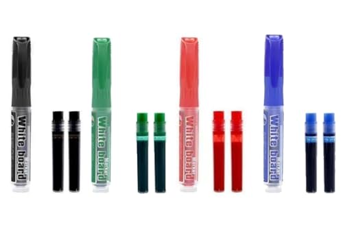 Direct-ink, Refillable Dry Erase & Wet Erase Whiteboard Markers.A total of 12 packs: 1 marker of each of 4 colors, plus 2 refillable ink cartridges of each of 4 colors.