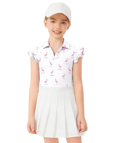 Image of Soneven Girls Ruffle Sleeve Polo Shirts V-Neck Golf Tennis T-Shirts Uniform Shirts Quick Dry for 4-14 Years