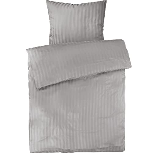 Pure Label Mako Satin Damast Streifen Bettwäsche hellgrau 135 x 200 cm mit Kissenbezug 80 x 80 cm aus 100% Baumwolle | Traumhaft weiches Mako Satin Bettwäsche Set in Uni
