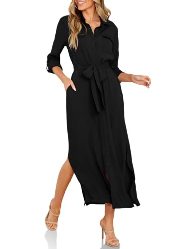 Wenrine Womens Button Down Shirt Dress Casual Chiffon 3/4 Lenght Sleeve Belted Lightweight Flowy Midi Dress with Slit