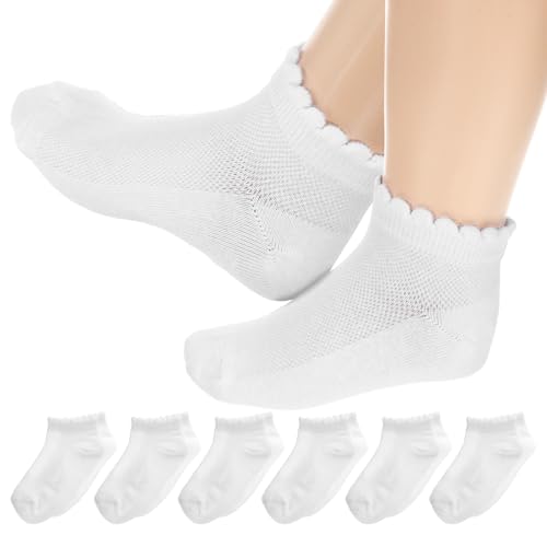 6 Pack Girls White Socks White Socks With Ruffles Kids Ruffles Sock Girls School Uniform Kids Cotton Crew Ankle Cute Frilly Dress Sock 6-8Years