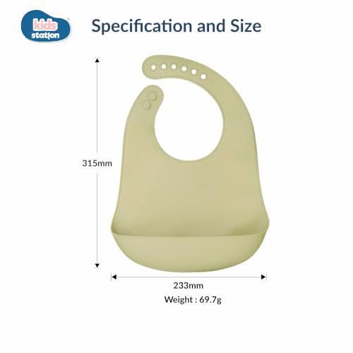 Image of Kids Station Silicone Baby Bib for Feeding & Weaning BPA Free, Soft Adjustable Neckline with Buttons, Washable & Reusable, Ideal for Babies & Toddlers 6 to 36 Months - Green