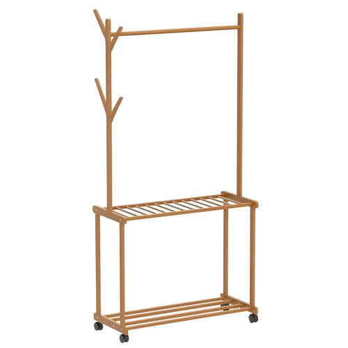 Image of LEOPAX Rolling Coat Rack, Bamboo Garment Rack, Clothes Hanging Rail With 2 Shelves 4 Hooks for Shoes, Hats & Scarves, Clothes Stand For Hallway, Living Room, Guest Room (Size : 80x37x175cm) - Beige