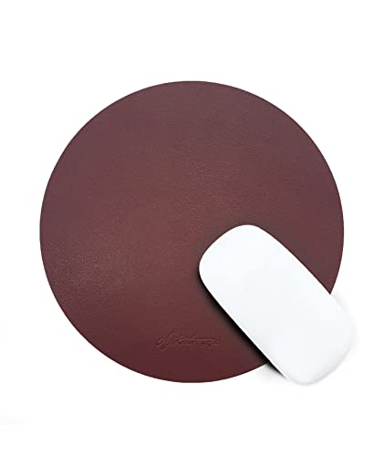 Alfombrilla de ratón de piel sintética vegana premium, delgada, ligera, almohadilla circular para mouse con cable o Bluetooth, papelería moderna y duradera para oficina en casa (burdeos) Cover