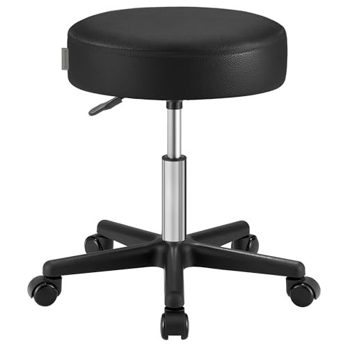 SONGMICS Drehhocker auf Rollen höhenverstellbarer Rollhocker 46-58 cm mit Kunstleder bezogener Sitz Arbeitshocker für Kosmetikstudios Friseursalons Büros Praxen schwarz LJB61B