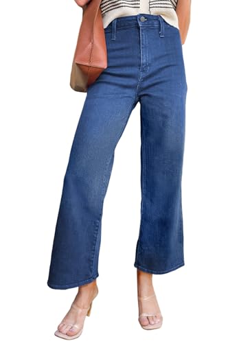 Astylish Wide Leg Jeans for Women High Waisted Stretchy Straight Cropped Capris Denim Pants with Back Pockets Jean Trousers Size 14 Dusk Blue