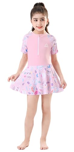 Image of Girls Swimsuit Girls One Piece Skirted Swimsuit Short Sleeve Floral Rash Guard Bathing Suit Swim Dress Swimwear
