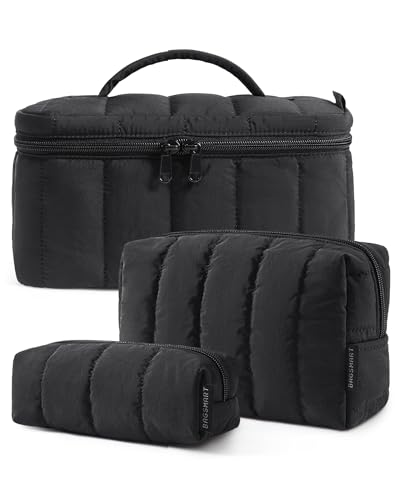 BAGSMART Travel Makeup Bag for Women 3 Pcs Puffy Padded Cosmetic Organizer Bag Large Toiletry Case and Small Purse Pouch for Gym Work Girls (Black)