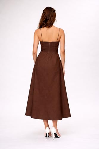 Image of Women's Spaghetti Strap Midi Dress, Fit and Flare A-Line Silhouette, Square Neck Summer Sundress