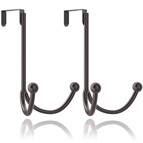 Image of HFHOME 2Packs Over The Door Double Hanger Hooks, Metal Twin Hooks Organizer for Hanging Coats, Hats, Robes, Towels- Brown