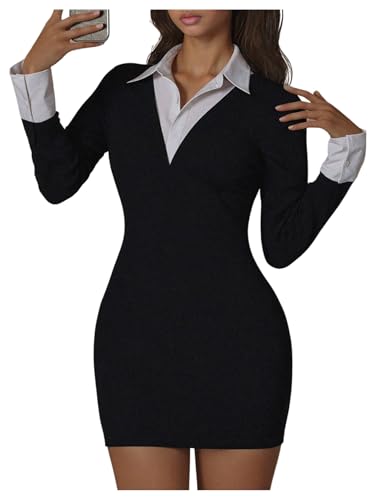 SOLY HUX Women's Y2k Long Sleeve Mini Dress Collared Bodycon