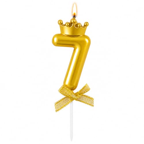 Image of Number 7 Unscented Candle with Crown for Birthday, Wedding, Engagement, Valentines Day Celebration, Theme Party, Bridal Shower, Bachelor Party Cake Topper for Decoration, Gold 1 pc