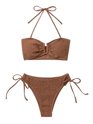 SweatyRocks Women's 2 Piece Bathing Suit Halter Neck Smocked Bikini Set Tie Side High Waisted Swimsuit