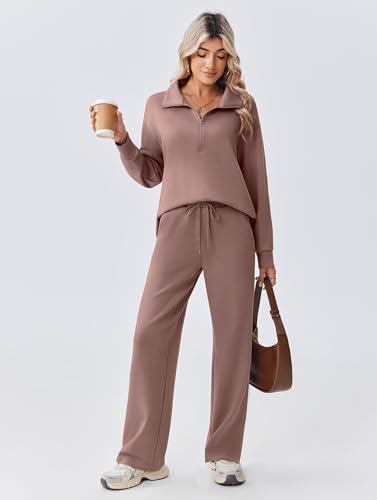 Image of PINSPARK 2 Piece Sets for Women 1 /2 Zip Sweatsuit Loose Fit Sweatshirt Straight Leg Pants 2026 Matching Outfit Fall Tracksuit