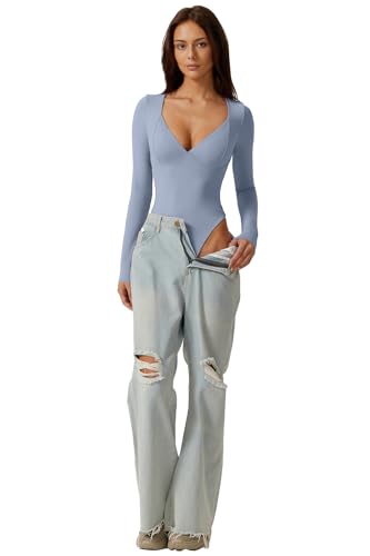 Image of QINSEN Women's Long Sleeve Bodysuit V Neck Body Suits Seamed Cup Going Out Tops Shirt