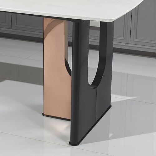 Image of The Attic Contemporary Pedestal Dining Table | White Faux Marble Top & Dual-Tone Black /Rose Gold Base | Rectangular 6 Seater Dining Table for Modern Homes