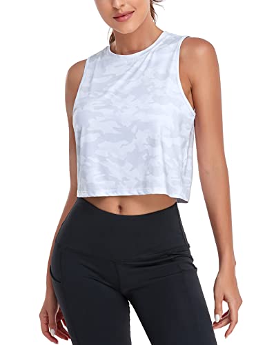 LURANEE Cropped Tank Tops for Women,High Neck Athletic Cropped Tops Loose Fit Muscle Training Crop Tank Juniors Running Yoga Dance Gym Active Wear Exercise Fitness Clothes Camo White