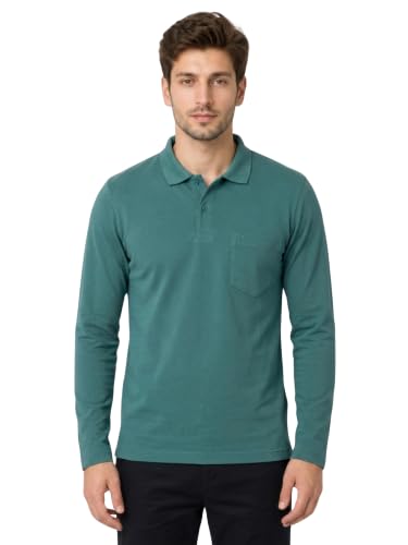 Image of CAMEY Men's Plain Solid Long Sleeve Polo T-Shirt | Regular Fit | Collared Casual Cotton Blend Tee with Chest Pocket | Everyday Comfort Wear