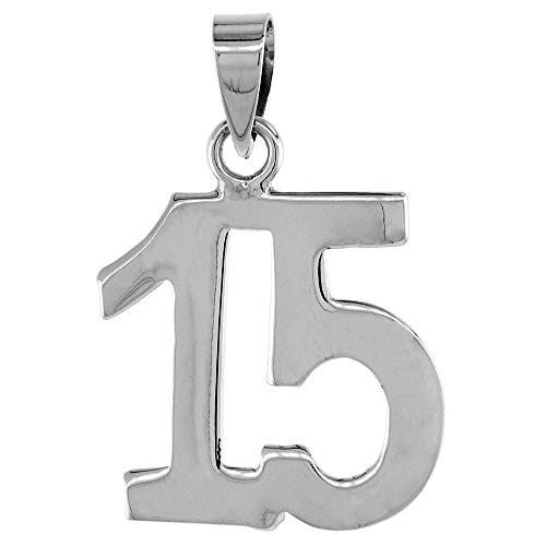 Sterling Silver Number 15 Necklace for Jersey Numbers & Recovery High Polish 3/4 inch, 2mm Curb Chain2
