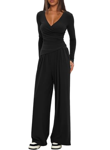 Darong 2-teiliges Lounge-Outfit-Set für Damen, V-Ausschnitt, Langarmshirts und Hose mit weitem Bein, Trainingsanzüge, legere passende Sets, Schwarz (73,7 cm Schrittlänge), S