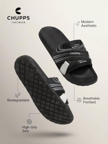 Image of CHUPPS Vertex Black Drift Orthopedic Slippers | Soft Footpharma Footbed | Breathable Ventilation Holes | Lightweight Flip Flops | Anti-Skid Chappals for Everyday For Mens