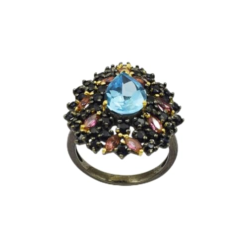 Bague en argent sterling 925 massif ornée de topaze bleue et saphir pour femme