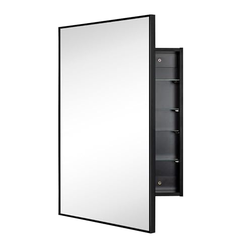 Image of TEHOME 24'' x 30'' Black Recessed and Surface Mount Bathroom Medicine Cabinet with Mirror Matt Black Square Cornered Metal Framed Rounded Rectangle Medicine Cabinet Mirror