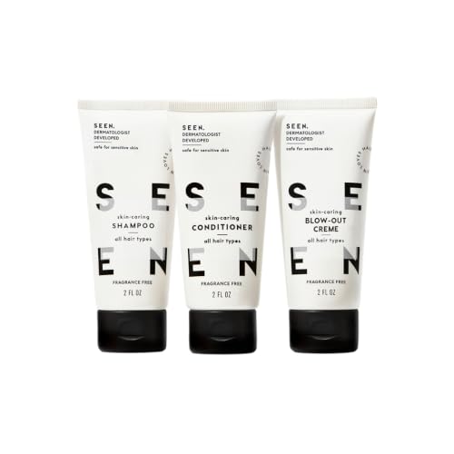 SEEN Travel Trio, Fragrance Free - Non-Comedogenic Blow-Out Hair Cream, Shampoo & Conditioner Set - Dermatologist-Developed- Reduces Frizz- Heat Protectant- Safe for Sensitive & Acne-Prone Skin