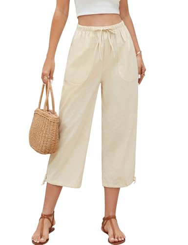 PASUDA Damen Linen Sommerhose 7/8 Baggy Casual Loose Leinenhose Bequeme Leichte Freizeithose Lockere Stretch Bund Strand...