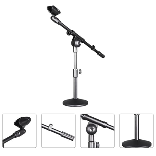 Pied de microphone de bureau en fer noir avec base ronde compacte réglable
