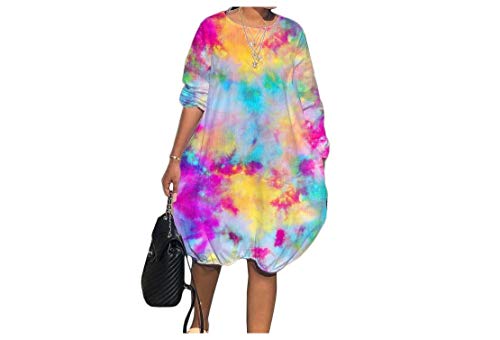 Abetteric vestido feminino colorido Ombre manga comprida com bolso gola redonda vestido de festa sol